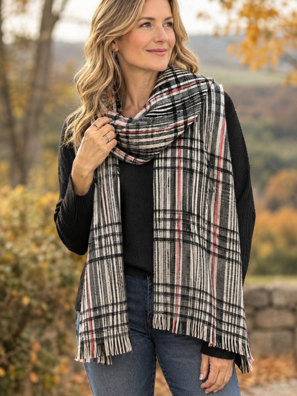 The Accessory Collective Plaid Blanket Scarf Black Red Fringe Oversized Wrap